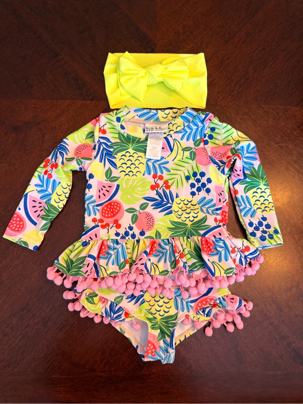 Nicole Miller Baby Girl Yellow Pink Blue Tropical Rashguard Set - with swim bow